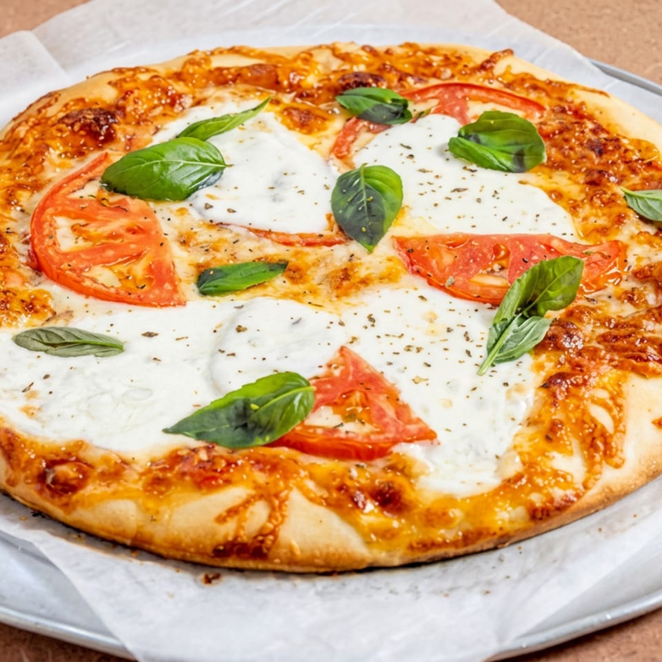 Cheese pizza topped with fresh tomato slices, mozzarella, basil leaves, and herbs on a metal tray.