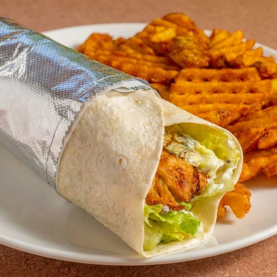 Foil-wrapped chicken shawarma wrap with lettuce and fries served on a white plate.