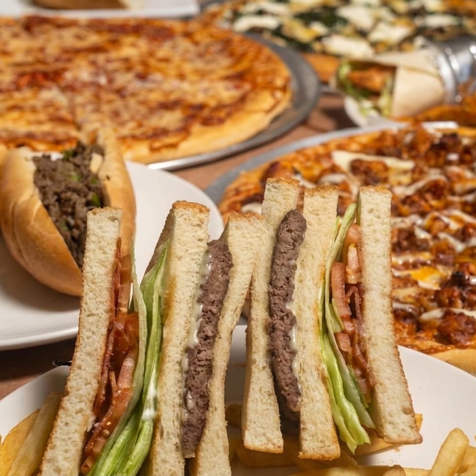 Assorted restaurant dishes include cheesy pizzas, grilled meat sandwiches, a foil-wrapped wrap, and French fries on a wooden table.