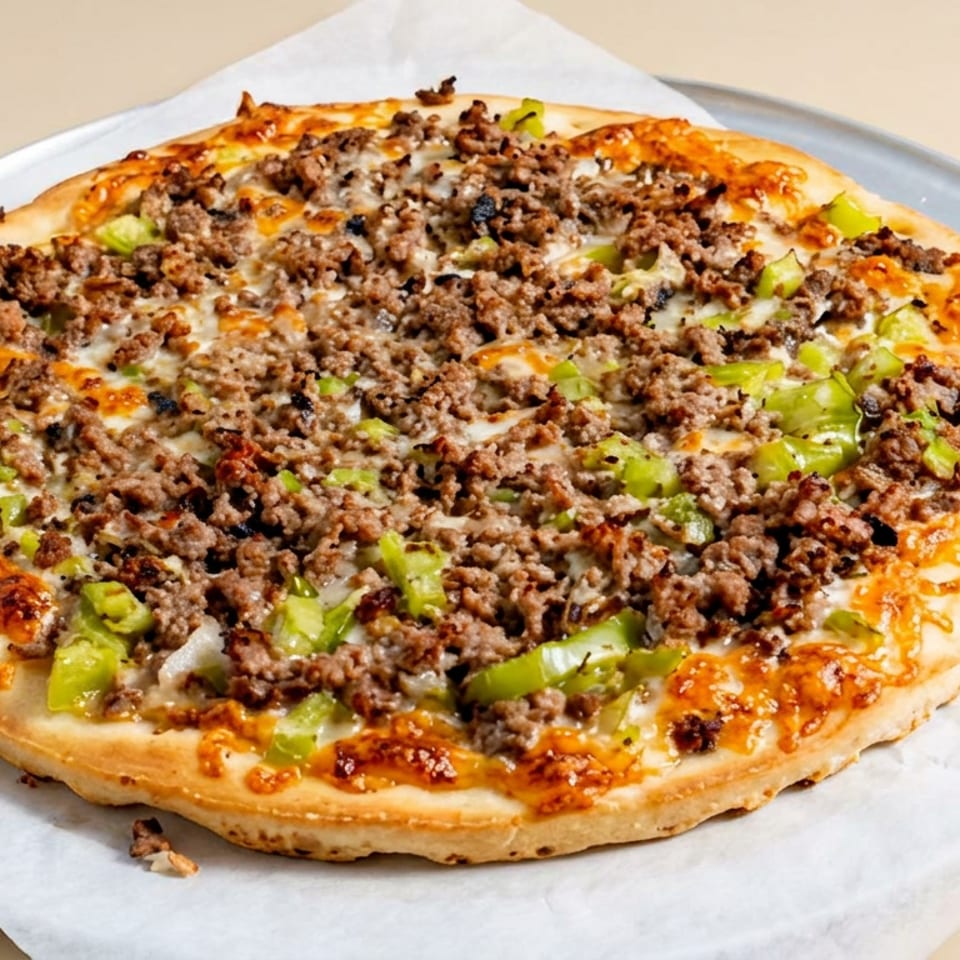 Cheesy pizza topped with seasoned ground beef, green peppers, and onions on parchment-lined metal tray.