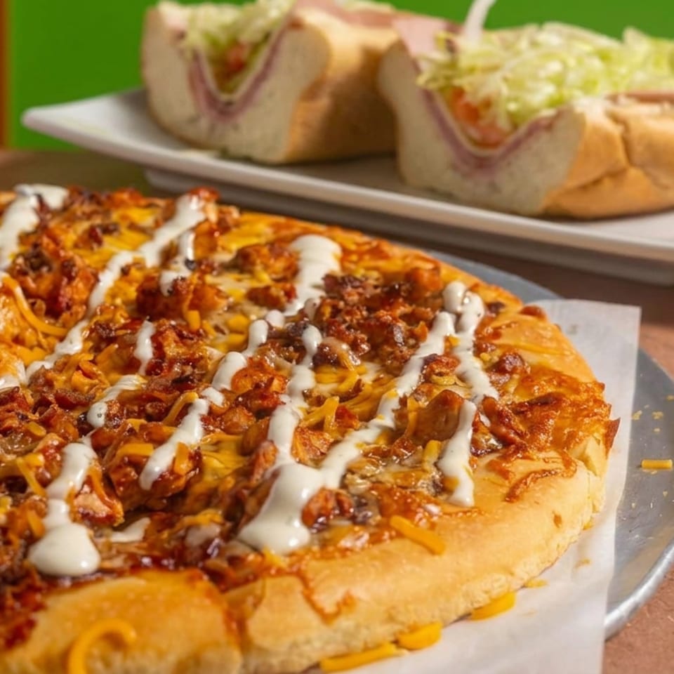 Cheesy pizza topped with chicken, bacon, and white sauce sits before two loaded sandwiches on plates.