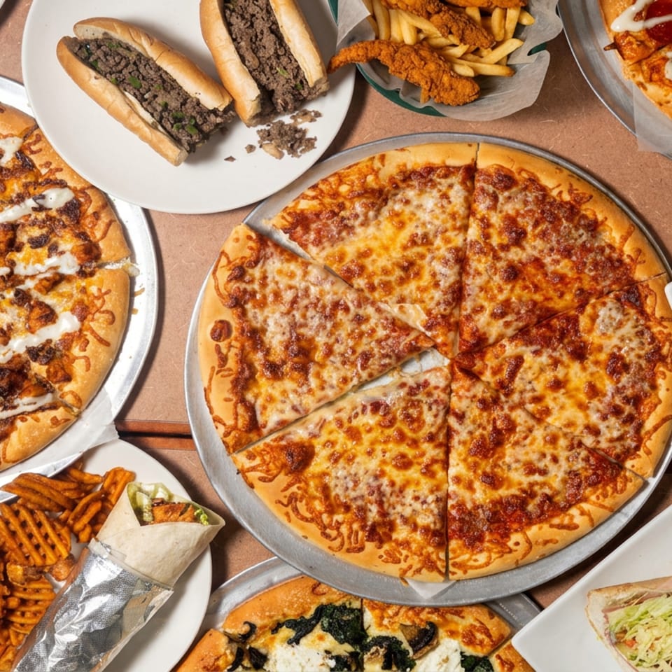 Overhead spread of cheese and specialty pizzas, burgers, fries, chicken tenders, and lettuce-topped sandwiches on plates.