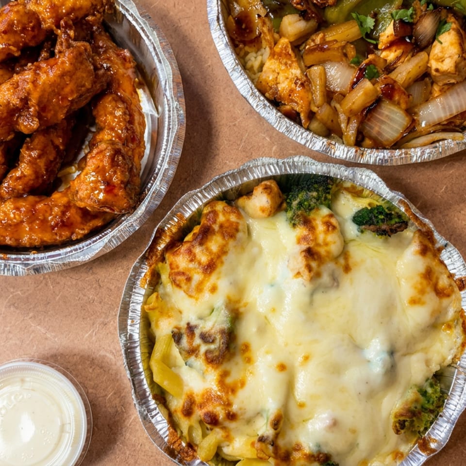 Three foil trays of saucy chicken wings, stir-fried vegetables with dumplings, and cheesy baked pasta with a side of dipping sauce.