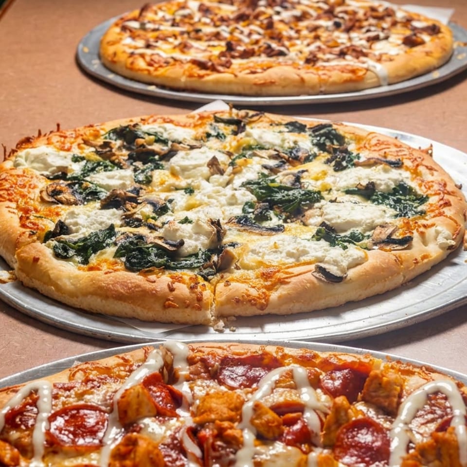 Three freshly baked pizzas on metal trays, including mushroom and spinach pizza, pepperoni pizza, and a drizzled specialty pizza.